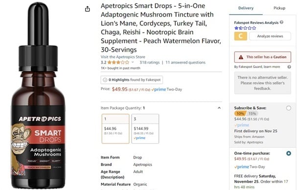 Apetropics Smart Drops reviews on Amazon, revised down by Fakespot