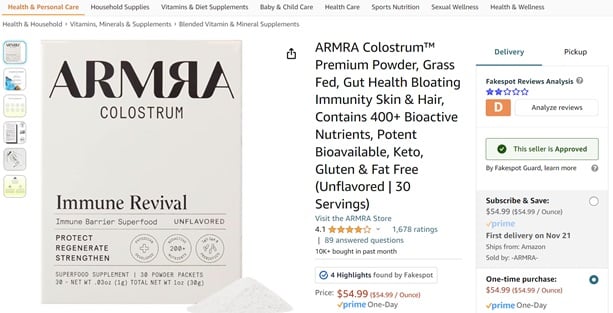  Fakespot give ARMRA Colostrum a D on Amazon, indicating deceptive reviews 