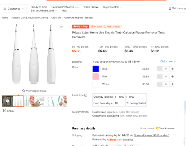 Generic teeth cleaner that looks identical to the SonoShine on Alibaba priced much lower