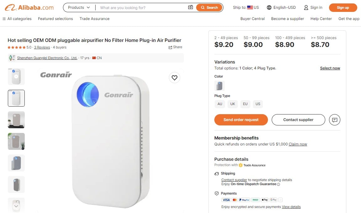 Generic air ionizer found on AliBaba.com identical to the IonPure, priced much lower 